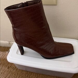 Zoey Croc-Embossed Brown Heeled Boots